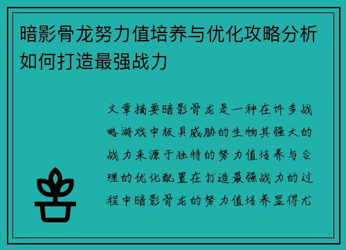 暗影骨龙努力值培养与优化攻略分析如何打造最强战力