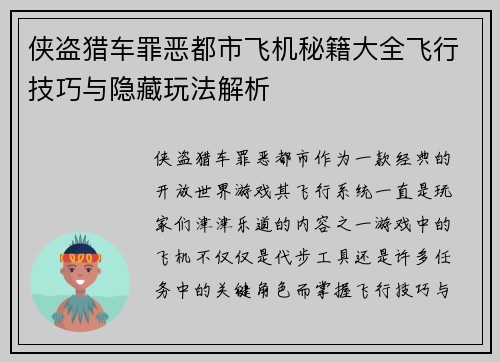 侠盗猎车罪恶都市飞机秘籍大全飞行技巧与隐藏玩法解析